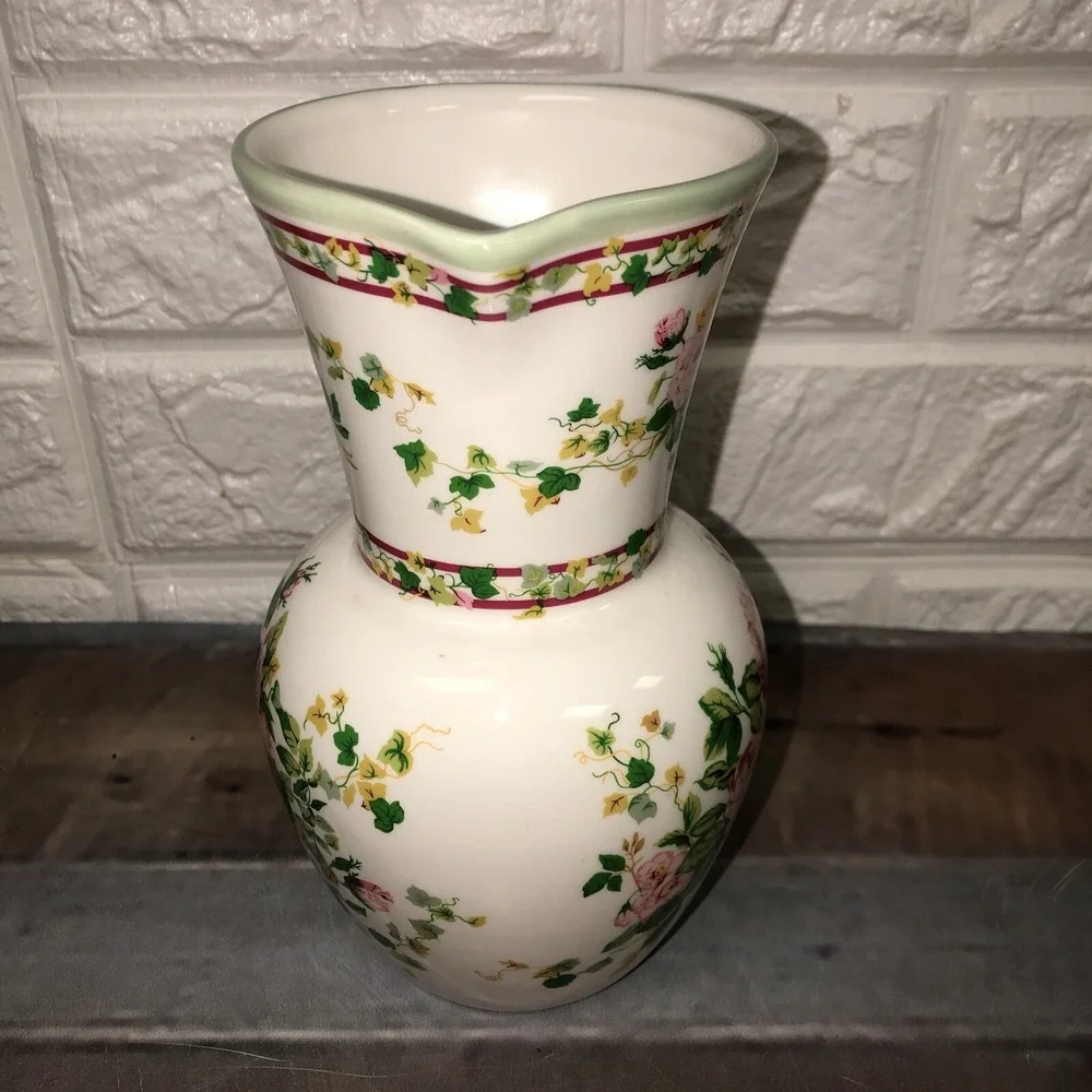 Vintage Laura Ashley Home Pink Roses Pitcher‎ Vase 7 1/2
